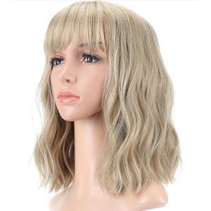 Natural Wavy Short Bob With Air Bangs Women's Shoulder Length Wigs Curly Wavy